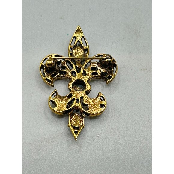 Vintage Jeweled Fleur De Lis Pin Brooch Gold Tone Red Blue Green Purple Cabochon - Picture 4 of 5